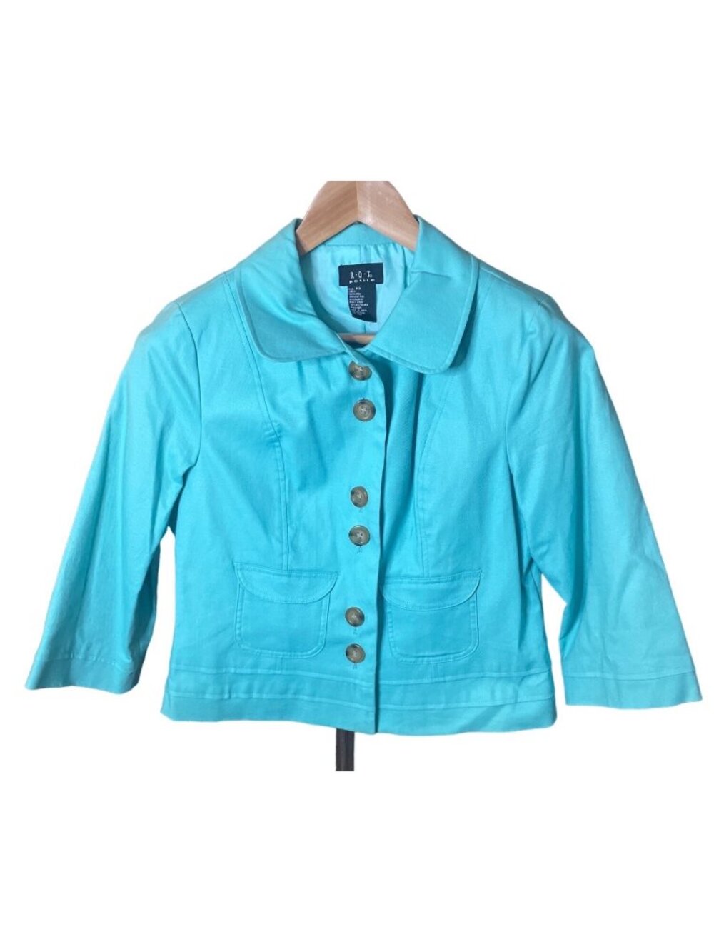 RQT Petite Small Button-Up Turquoise Jacket 3/4 Sleeves Preppy Cropped